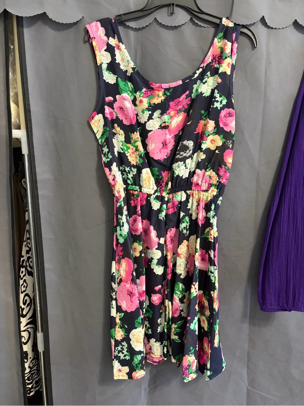 Sleeveless Floral Mini Dress in Navy with Pink & Green Blooms